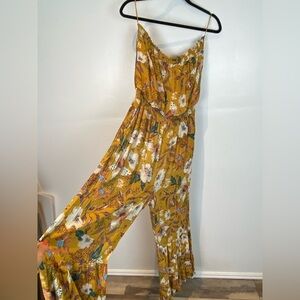 Remix Mess Floral Flare Jumpsuit Size M Strapless Smocked Waist Boho Hippie